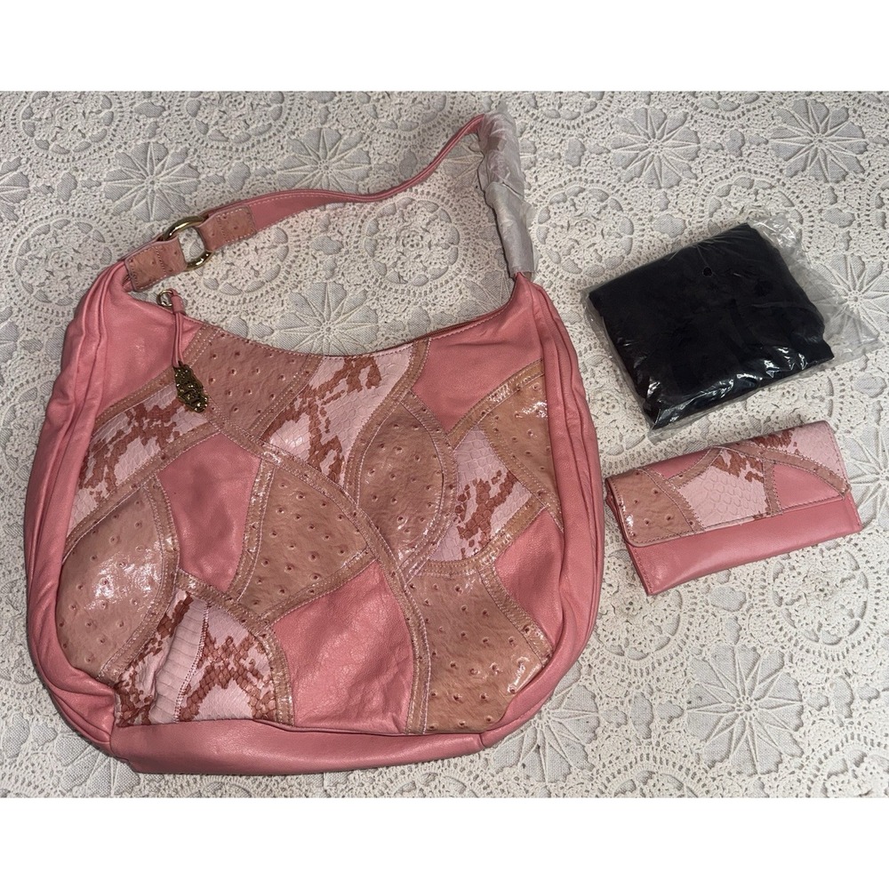 Vtg NEW Chi Falchi Pink Leather Bag Purse Snake Skin Patchwork W/ Wallet
